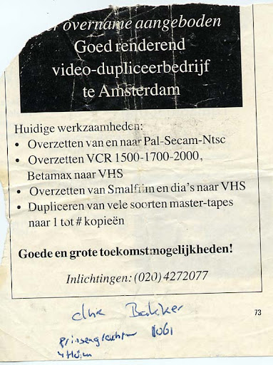 advertentie van bakker video duplo center dat te koop stond
